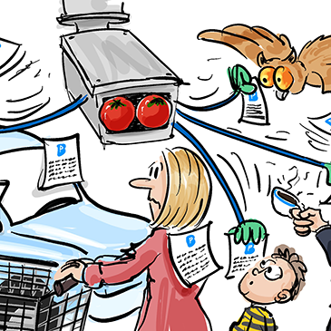 Cartoon-Karikatur-Comic: Eine Überwachungskamera von Betterpark hat Tomaten auf den Augen und verteilt wie wild unberechtigt Strafzettel an alles, was sich auf dem Supermarktparkplatz befindet. Sogar ein Vogel und ein Fußgänger erhalten einen Strafzettel. Der Fußgänger ist Bruno Maccallini aus der berühmten Nescafé-Werbung von 1992, mit einem Espresso in der Hand. Dieser sagt: Isch abe gar kein Auto.