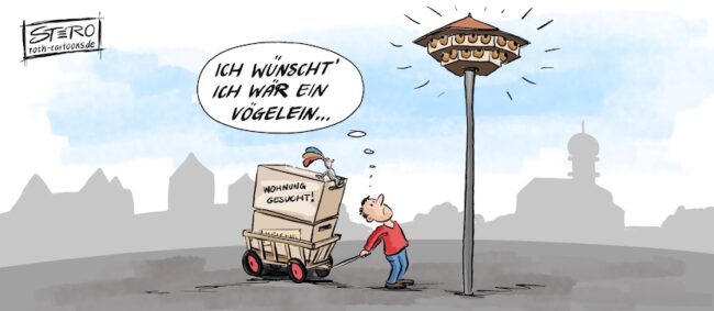 Cartoon-Karikatur-Comic: Ein Mann auf Wohnungssuche steht nachdenklich unter einer Nisthilfe für Mehlschwalben. Unzählige Wohnungen für Vögel und bei den menschen Wohnungsnot