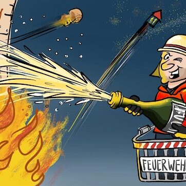 Cartoon-Karikatur-Comic: ein Feuerwehrmann löscht mit einer überdimensionierten Sektflasche einen Brand und ruft "Frohes Neues"