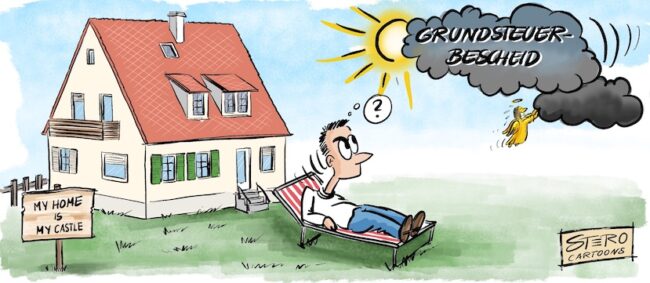 Cartoon-Karikatur-Comic: Ein Häuslesbesitzer liegt in der Sonne vor die Sonne und wirft einen langen Schatten. Abrupt richtet sich der Häuslesbauer auf und blickt besorgt gen Himmel.