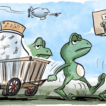 Cartoon-Karikatur-Comic: eine Krötenfamilie zieht um, mit Fliegenglas, Kisten, Leiterwagen, und Koffer