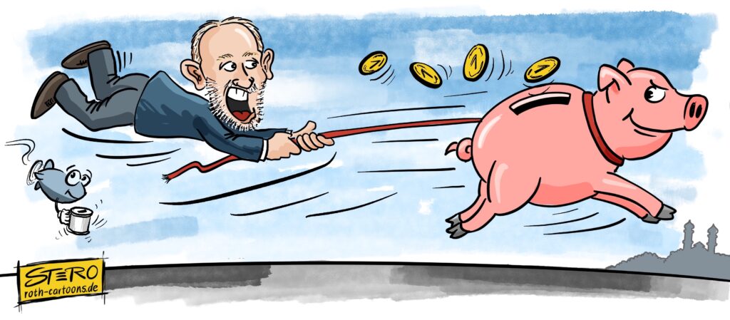 Cartoon-Karikatur-Comic: Ein Bürgermeister hängt an einer Sparsau, die rennt. Die Symbolik für die Sparmaßnahmen in einigen Haushalten