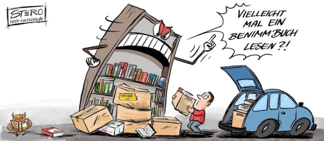 Cartoon-Karikatur-Comic: Ein Mann will heimlich Bücherkisten vor dem Tauschregal abstellen. Plötzlich wendet sich das zugemüllte Tauschregal dem Täter zu und schreit: Vielleicht mal ein Benimmbuch lesen?!