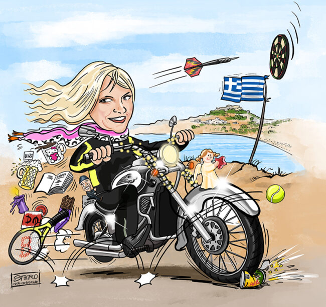 Portraitkarikatur als Geschenk zum 60sten Geburtstag. Eine Frau fährt auf Ihrem Motorrad eine Suzuki Intruder Chopper. Um sie herum die Dinge, die Sie liebt und ihr wichtig sind: Krimis, Tennisschläger, Dart, Schokolade, Depeche Mode, Kerzen. Das Motorrad ist mit einer Lichterkette umwickelt. Im Hintergrund ihre Lieblingsinsel Rhodos in Griechenland.