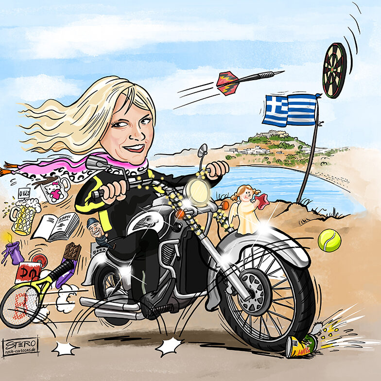 Portraitkarikatur als Geschenk zum 60sten Geburtstag. Eine Frau fährt auf Ihrem Motorrad eine Suzuki Intruder Chopper. Um sie herum die Dinge, die Sie liebt und ihr wichtig sind: Krimis, Tennisschläger, Dart, Schokolade, Depeche Mode, Kerzen. Das Motorrad ist mit einer Lichterkette umwickelt. Im Hintergrund ihre Lieblingsinsel Rhodos in Griechenland.