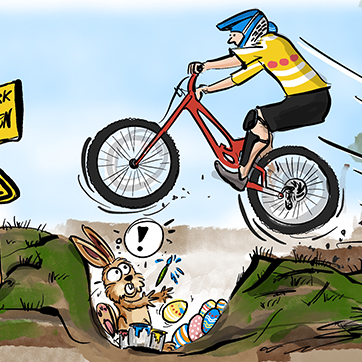 Cartoon-Karikatur-Comic: Ein Mountainbiker schanzt in einem Bikepark über eine Mulde und erschreckt den Osterhasen, der gerade dabei ist, Ostereier zu färben