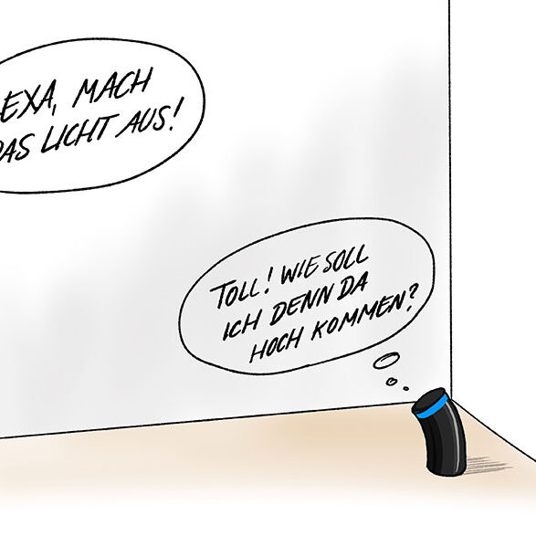 Cartoon-Karikatur-Comic zu Smarthome und Sprachsteuerung: Alexa bekommt den Befehl: Alexa, mach das Licht aus. Alexa steht unterm Lichtschalter und denkt. Na toll, wie soll ich denn da herankommen.