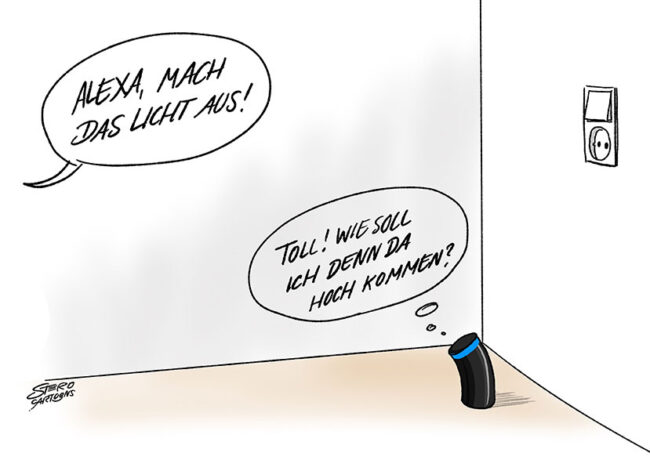 Cartoon-Karikatur-Comic zu Smarthome und Sprachsteuerung: Alexa bekommt den Befehl: Alexa, mach das Licht aus. Alexa steht unterm Lichtschalter und denkt. Na toll, wie soll ich denn da herankommen.
