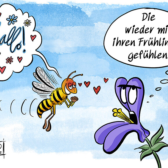 Cartoon-Karikatur-Comic: Eine Biene mit verklärtem Blick und vielen Herzchen flirtet mit einer Blume, einem Lippenblütler. Diese sagt: die wieder, mit ihren Frühlingsgefühlen ...