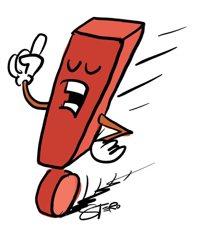 cartoon-illustration: Ein Ausrufezeichen mit erhobenem Zeigefinger und geschlossenen Augen.