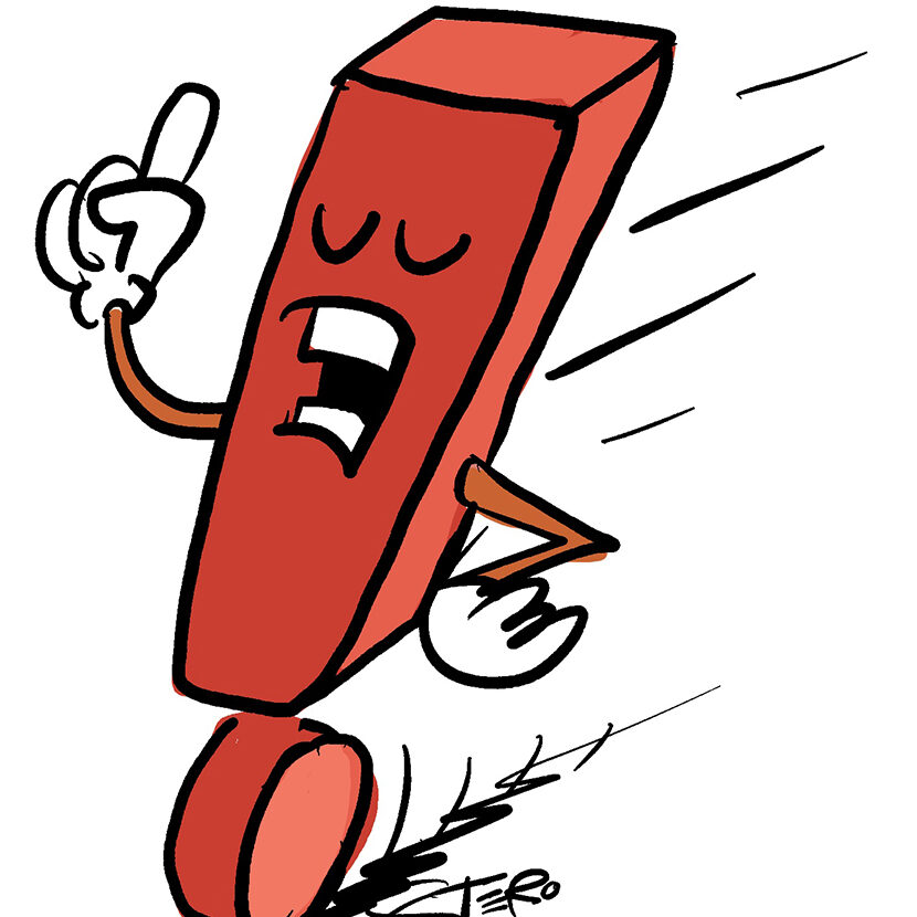 cartoon-illustration: Ein Ausrufezeichen mit erhobenem Zeigefinger und geschlossenen Augen.