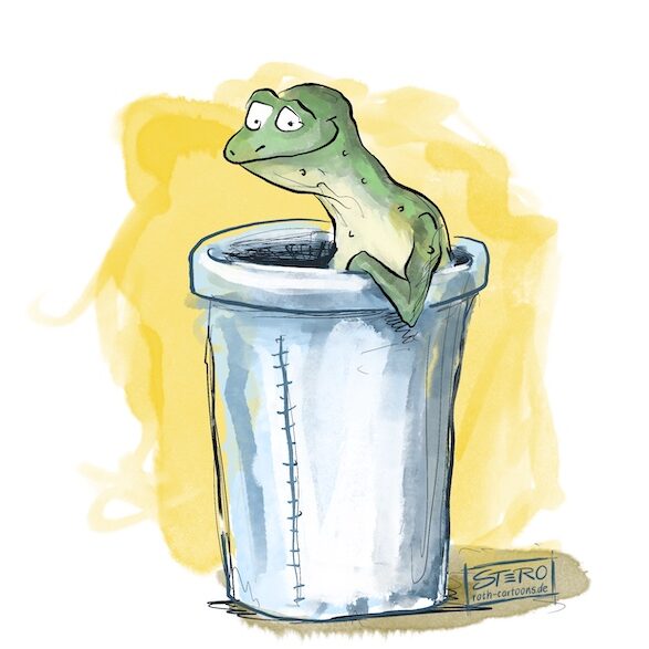 Cartoon-Karikatur-Comic: Ein Frosch sitzt in einem Messbecher und hängt lässig grinsend den Arm über den Rand