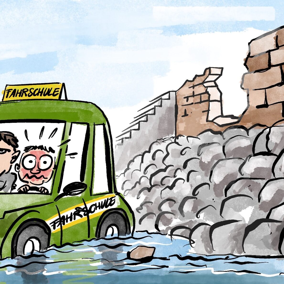 Cartoon-Karikatur-Comic: Ein Fahrschulauto steht im See. Offenbar hat der Fahrschüler eine Mauer durchbrochen. Der Fahrlehrer sagt genervt: "Ich sagte, leicht links"