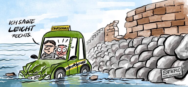 Cartoon-Karikatur-Comic: Ein Fahrschulauto steht im See. Offenbar hat der Fahrschüler eine Mauer durchbrochen. Der Fahrlehrer sagt genervt: "Ich sagte, leicht links"