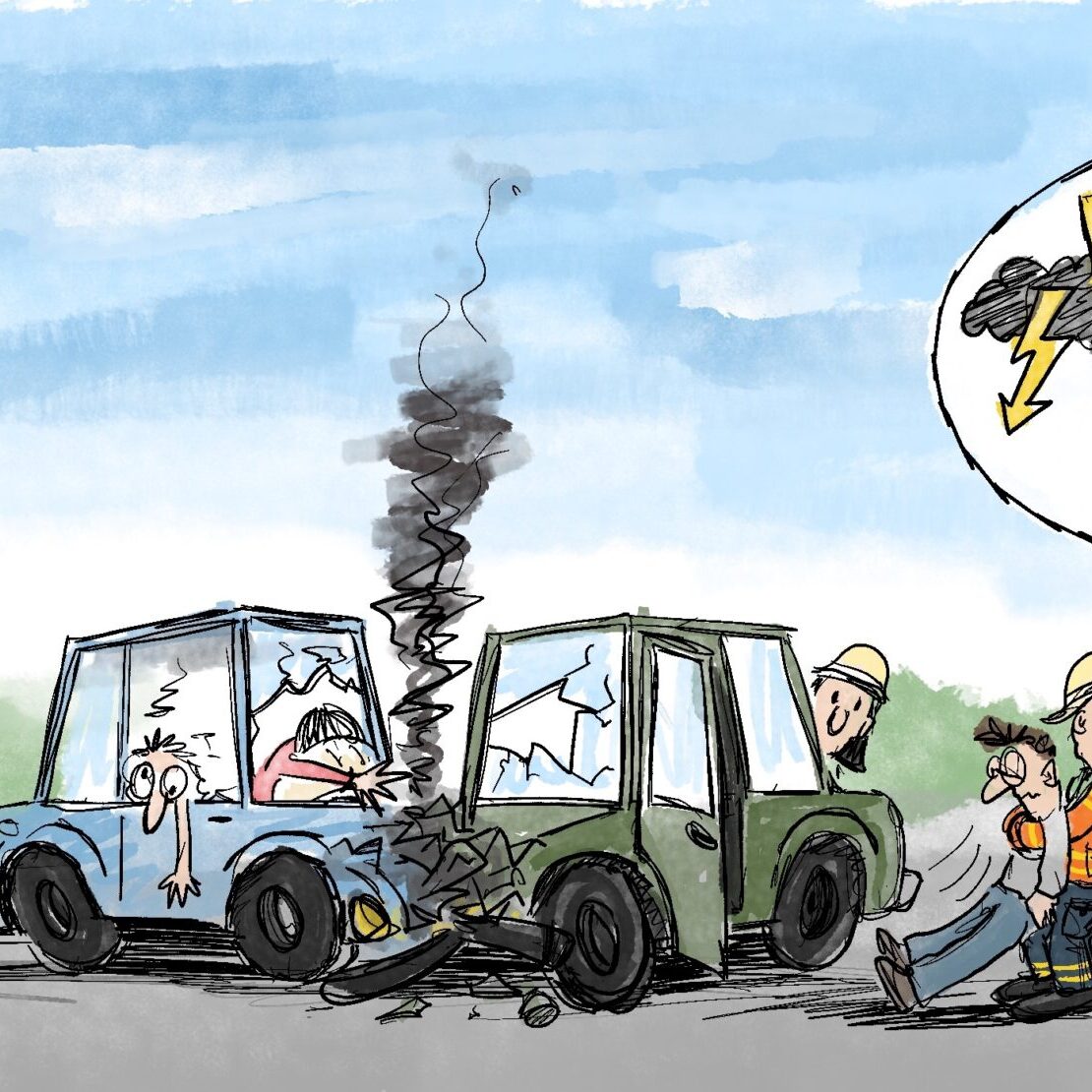 Cartoon-Karikatur-Comic: Ein Mann in einem Auto beschimpft die Feuerwehr, die gerade Personen aus verunfallten Fahrzeugen rettet, warum er jetzt nicht durchfahren kann. Ein Cartoon zu dem immer schwächer werdenden Respekt gegenüber Einsatzkräften.