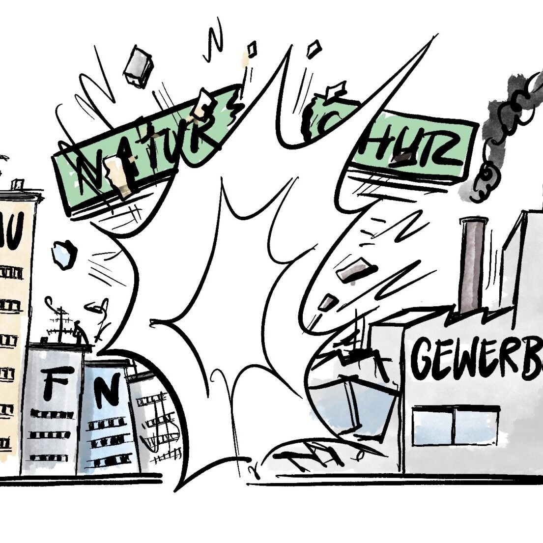 Cartoon-Karikatur-Comic zu Gewerbebau und Wohnungsbau. Zwei Personen schieben eine Stadt und ein Gewerbegebiet gegeneinander. Im Hintergrund zerspringt das Schild "Naturschutz"