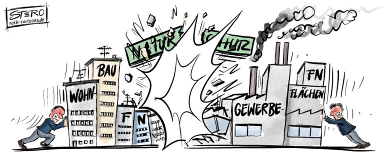 Cartoon-Karikatur-Comic zu Gewerbebau und Wohnungsbau. Zwei Personen schieben eine Stadt und ein Gewerbegebiet gegeneinander. Im Hintergrund zerspringt das Schild "Naturschutz"