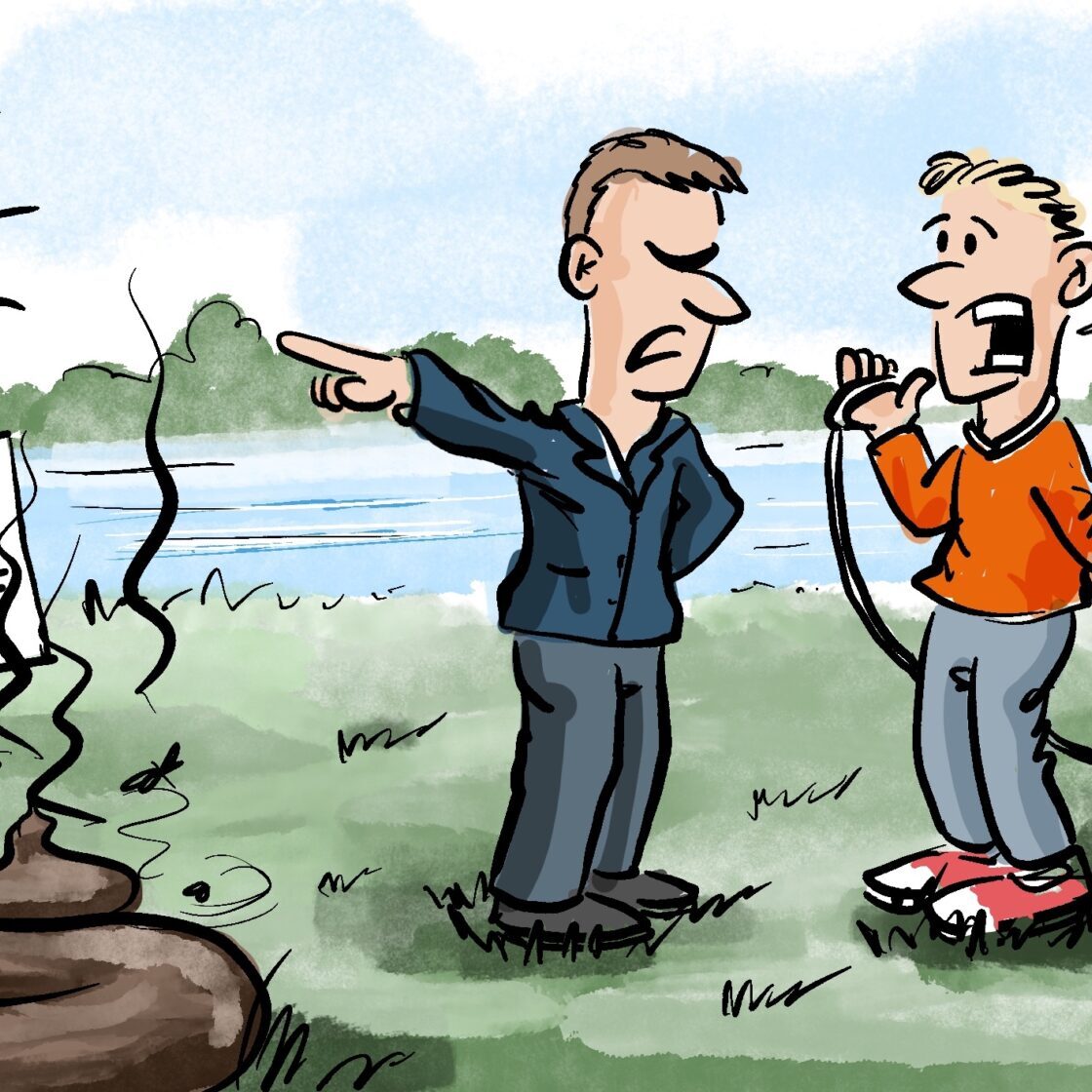 Cartoon-Karikatur-Comic: ein Mann zeigt wütend auf einen Hundehaufen und auf das Hundeverbotsschild. Auf diesem ist ein schwarzer Hund im Verbotsschild. Der Mann sagt: Ich hab aber einen weißen Hund.