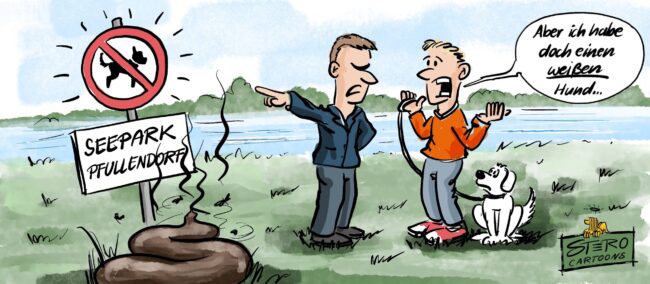 Cartoon-Karikatur-Comic: ein Mann zeigt wütend auf einen Hundehaufen und auf das Hundeverbotsschild. Auf diesem ist ein schwarzer Hund im Verbotsschild. Der Mann sagt: Ich hab aber einen weißen Hund.