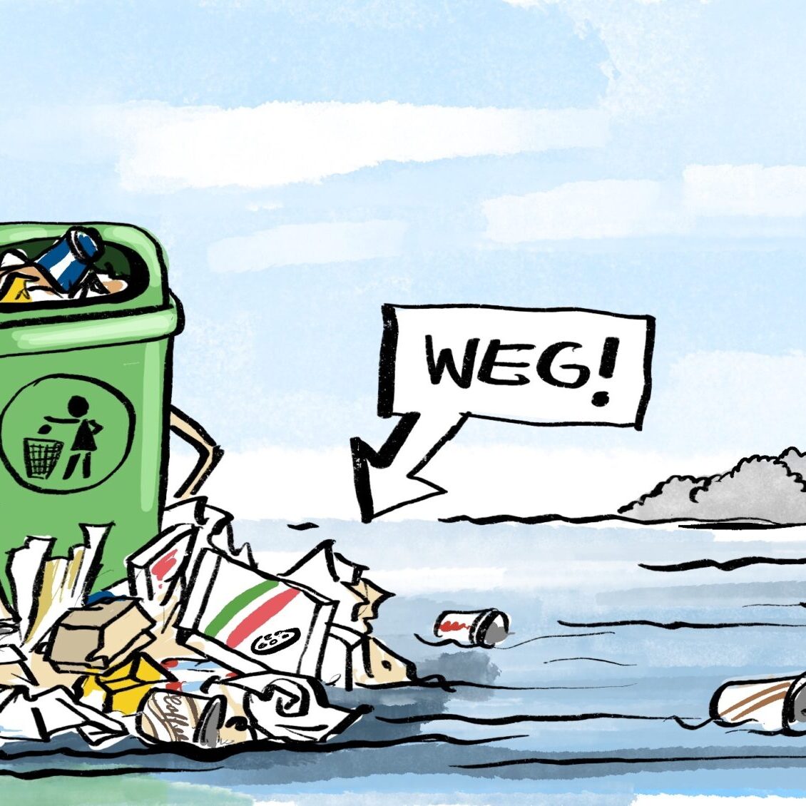 Cartoon-Karikatur-Comic: Ein städtischer Mülleimer steht im See, im schwäbischen Meer. Um ihn herum Verpackungsmüll. Ein Schild weist auf Mehrweg hin.