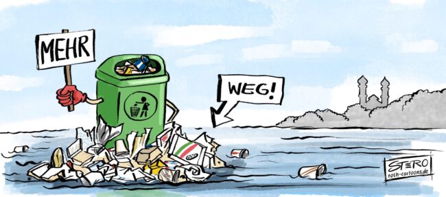 Cartoon-Karikatur-Comic: Ein städtischer Mülleimer steht im See, im schwäbischen Meer. Um ihn herum Verpackungsmüll. Ein Schild weist auf Mehrweg hin.
