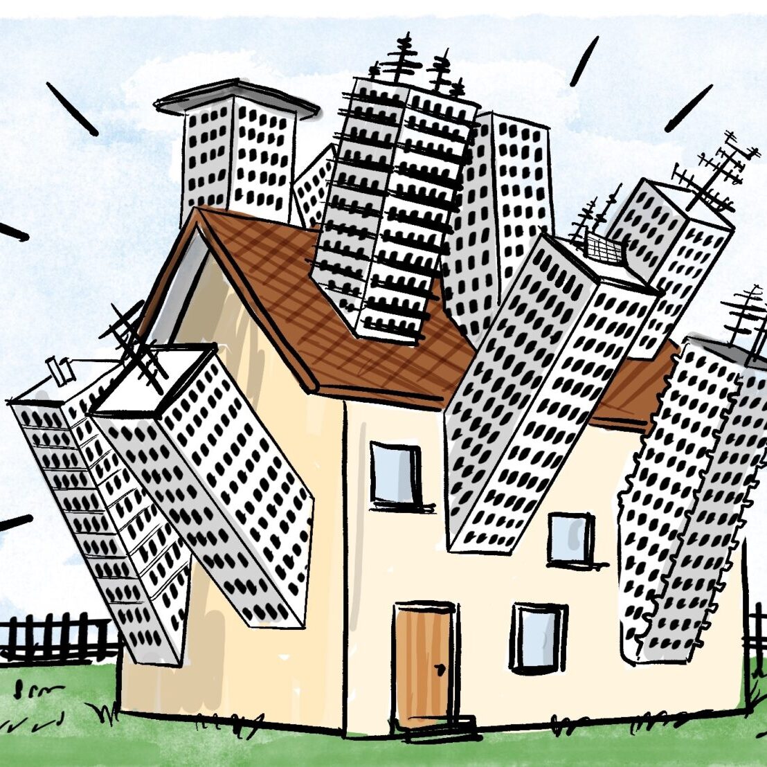 Cartoon-Karikatur-Comic: Einem Wohnhaus wachsen Hochhäuser wie Pickel aus der Fassade und aus dem Dach. Eine übertriebene Darstellung der allseits gewünschten Nachverdichtung.