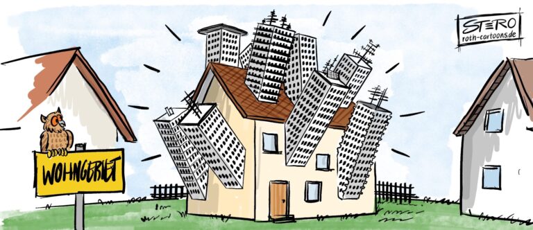 Cartoon-Karikatur-Comic: Einem Wohnhaus wachsen Hochhäuser wie Pickel aus der Fassade und aus dem Dach. Eine übertriebene Darstellung der allseits gewünschten Nachverdichtung.