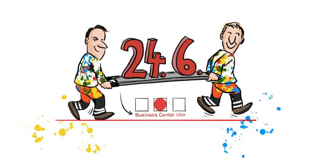 Header Vernissage Cartoonausstellung in Ulm STERO Stefan Roth. Save the Date. Zwei Männder tragen eine Trage mit einem Datum:24.6.2025.
