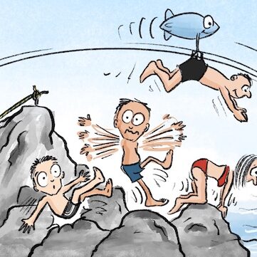 Cartoon-Karikatur-Comic: In diesem Cartoon von STERO ist eine Szene im „Strandbad Friedrichshafen“ dargestellt, bei der mehrere Kinder und Jugendliche über große Felsen ins Wasser springen. Während sich die meisten voller Energie und Abenteuerlust ins kühle Nass stürzen, sitzt links im Bild ein Junge im Rollstuhl, der offensichtlich keinen barrierefreien Zugang zum Wasser hat und nur zuschauen kann. Die Zeichnung bringt auf humorvolle, aber deutlich kritische Weise die mangelnde Inklusion und fehlende Barrierefreiheit in öffentlichen Badeeinrichtungen zum Ausdruck – und macht sichtbar, wie einfach Teilhabe sein könnte, wenn Zugänge für alle mitgedacht würden.