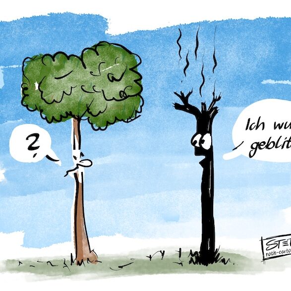 Cartoon-Karikatur-Comic: Ein offensichtlich verbrannter Baum erklärt seinem Kumpel, dass er geblitzt wurde