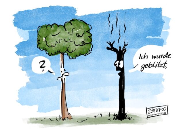 Cartoon-Karikatur-Comic: Ein offensichtlich verbrannter Baum erklärt seinem Kumpel, dass er geblitzt wurde