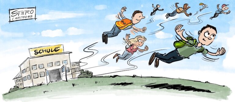 Freiheit. Mit Abitur, Realschulabschluss, Werkrealschule oder Gemeinschaftsschule. Ihre Körperhaltung, Gesichtsausdrücke und der dynamische Schwung zeigen deutlich: Der letzte Schultag oder der Schulabschluss ist geschafft, jetzt beginnt ein neues Kapitel. Die Illustration spielt auf die große Erleichterung und Freude am Ende der Schulzeit an und verleiht dem Moment auf charmant-übertriebene Weise Flügel.
