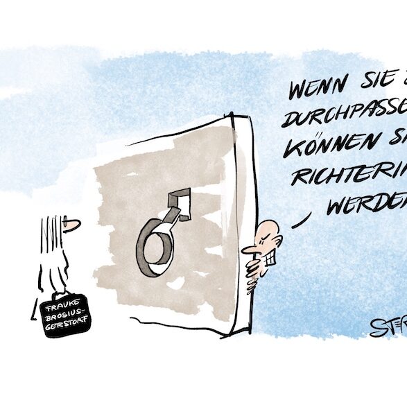 Cartoon-Karikatur-Comic: In dem Cartoon von STERO ist eine massive Mauer zu sehen, in deren Mitte sich ein einziges Durchgangsloch befindet – geformt wie das Symbol für Männlich (ein Kreis mit Pfeil nach rechts oben). Eine Frau in Richterinnenrobe steht vor der Mauer; ihr Namensschild trägt die Aufschrift „Frauke Brosius-Gersdorf“. Hinter der Mauer lugt ein Mann mit strengem Gesichtsausdruck hervor und sagt: „Wenn Sie da durchpassen, können Sie Richterin werden!“ Die Szene spielt mit der absurden Vorstellung, dass man nur dann in die Justiz gelangen kann, wenn man durch ein „männlich geformtes“ Nadelöhr passt – eine kritische und satirische Anspielung auf strukturellen Sexismus im Zugang zu Machtpositionen.