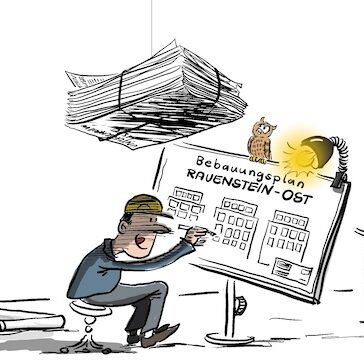 Cartoon zu Bebauungsplan contra bürgerinitiative. Ein Architekt mit Bauhelm sitz vor seinem Zeichenbrett. Über ihm schwebt wie ein Damoklesschwert eine Unterschriftenliste am seidenen Faden.