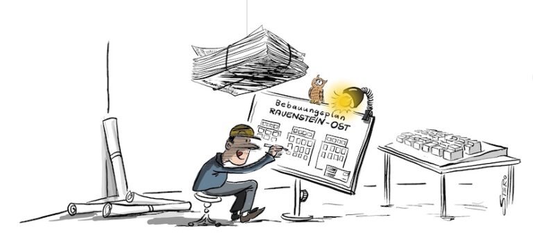 Cartoon zu Bebauungsplan contra bürgerinitiative. Ein Architekt mit Bauhelm sitz vor seinem Zeichenbrett. Über ihm schwebt wie ein Damoklesschwert eine Unterschriftenliste am seidenen Faden.