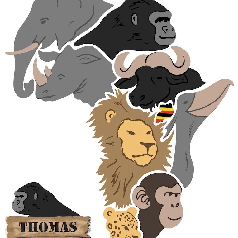 Auftrags-Illustration: Die Silhouette Afrikas aus Löwe, Leopard, Kaffernbüffel, Elefant, Schuhschnabel, Schimpanse, Nashorn und Gorilla zu gestalten für einen T-Shirt-Aufdruck