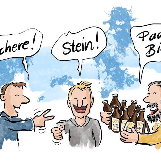 Cartoon-Karikatur-Comic: Drei Jungs stehen zusammen und spielen Schere, Stein, Papier. Als alle ihr Ergebnis zeigen hat einer Schere, einer Stein und der dritte ein paar Bier.
