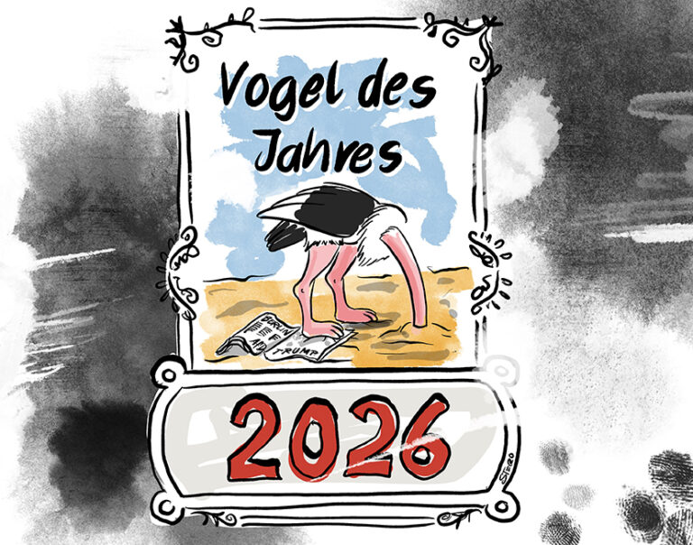 Cartoon-Karikatur-Comic: Der Vogel des Jahres als Vogel Strauß. Nach einem verheerenden Stromausfall in Berlin, der illegalen Annexion Venezuelas durch Trump bleibt einem nur noch den Kopf in den Sand zu stecken - wie der Vogel Strauß