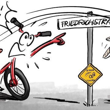 Cartoon-Karikatur-Comic:Ein Fahrrad erschrickt bzw. bremst heftig, während eine Figur im Pilzhelm „eigentlich scho…“ in Richtung Friedrichstraße fliegt.