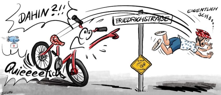 Cartoon-Karikatur-Comic:Ein Fahrrad erschrickt bzw. bremst heftig, während eine Figur im Pilzhelm „eigentlich scho…“ in Richtung Friedrichstraße fliegt. Cartoon-Karikatur-Comic:Ein Fahrrad erschrickt bzw. bremst heftig, während eine Figur im Pilzhelm „eigentlich scho…“ in Richtung Friedrichstraße fliegt.