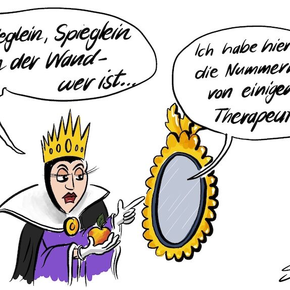 Cartoon-Karikatur-Comic: Cartoon zur Schneewittchen-Szene: Die böse Königin fragt ihren Spiegel nach Schönheit, doch der Spiegel empfiehlt ihr stattdessen Therapeuten.