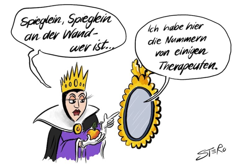 schoenheitswahn-schneewittchen-spiegel Cartoon-Karikatur-Comic: Cartoon zur Schneewittchen-Szene: Die böse Königin fragt ihren Spiegel nach Schönheit, doch der Spiegel empfiehlt ihr stattdessen Therapeuten.