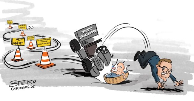 Jens Spahn fliegt aus einem CDU-Kart, nachdem er einen Slalom aus Maskendeals, AfD-Nähe und politischen Kontroversen durchfahren hat. Neben der Strecke sitzt ein Baby mit US-Flagge in einem Korb.