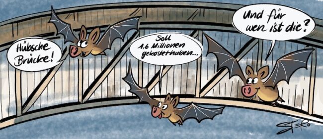 Cartoon: Drei Fledermäuse begutachten eine eigens für sie errichtete Brücke. Während eine das Bauwerk hübsch findet, weist die andere auf die Kosten von 1,6 Millionen Euro hin. Die entscheidende Frage bleibt jedoch: Für wen wurde die Brücke eigentlich gebaut?