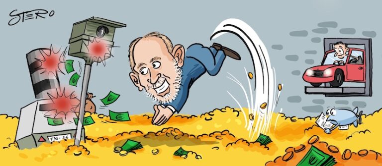 Bürgermeister springt in einen Berg aus Gold und Geld, das die Gemeinde mit Blitzern und Radarfallen einnimmt