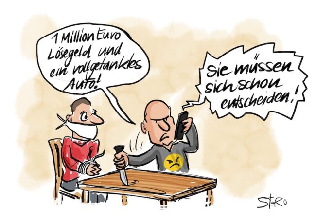 Entführer fordert eine Million Euro Lösegeld und ein vollgetanktes Auto – wegen der hohen Spritpreise soll er sich für eines entscheiden.