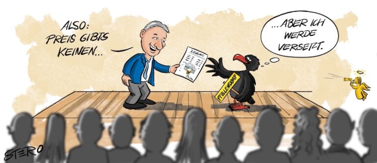 Cartoon-Karikatur-Comic: Auf einer Bühne überreicht ein Mann einem schwarzen Geier ein Zeugnis. Der Geier trägt ein gelbes Schild mit der Aufschrift „Pfullendorf“. Der Mann sagt: „Also: Preis gibt’s keinen …“ Der Geier denkt erleichtert: „… aber ich werde versetzt.“ Im Vordergrund verfolgt ein Publikum die Zeugnisübergabe. Rechts fliegt eine kleine gelbe Biene ins Bild.