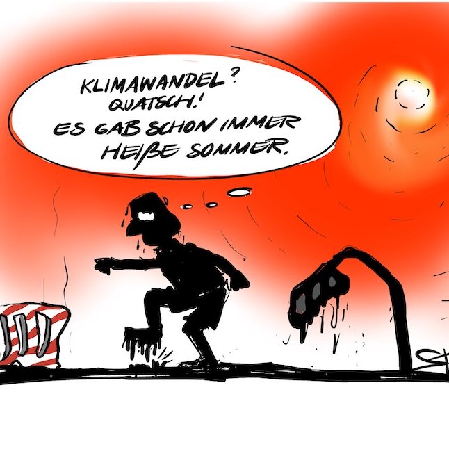 Schwitzender Mann in extremer Sommerhitze leugnet den Klimawandel, während Kleidung und Straßenschild schmelzen.