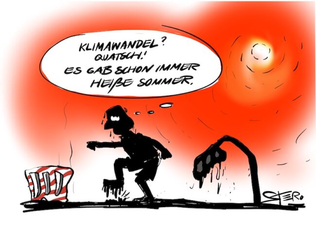Schwitzender Mann in extremer Sommerhitze leugnet den Klimawandel, während Kleidung und Straßenschild schmelzen.