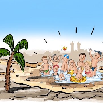 Cartoon-Karikatur-Comic: Cartoon-Comic-Karikatur über Niedrigwasser am Bodensee: Badegäste stehen vor der Friedrichshafener Uferkulisse dicht gedrängt in einer kleinen Wasserpfütze, während Fische am Pegelmesser unter der Trockenheit leiden.